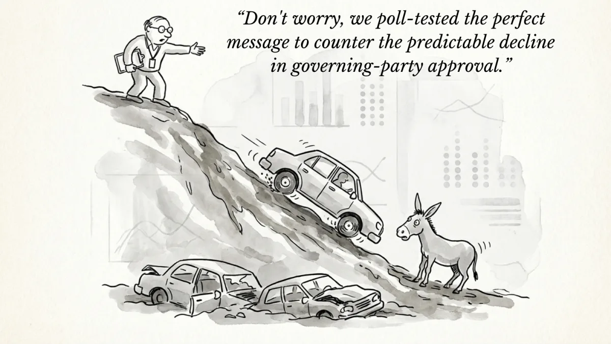 Cartoon: a pollster on a hillside as cars slide down toward a wreck